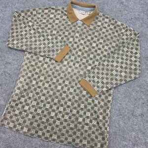 Vintage Bugle Boy Company Long Sleeve Polo Shirt Geometric Abstract XL Brown
